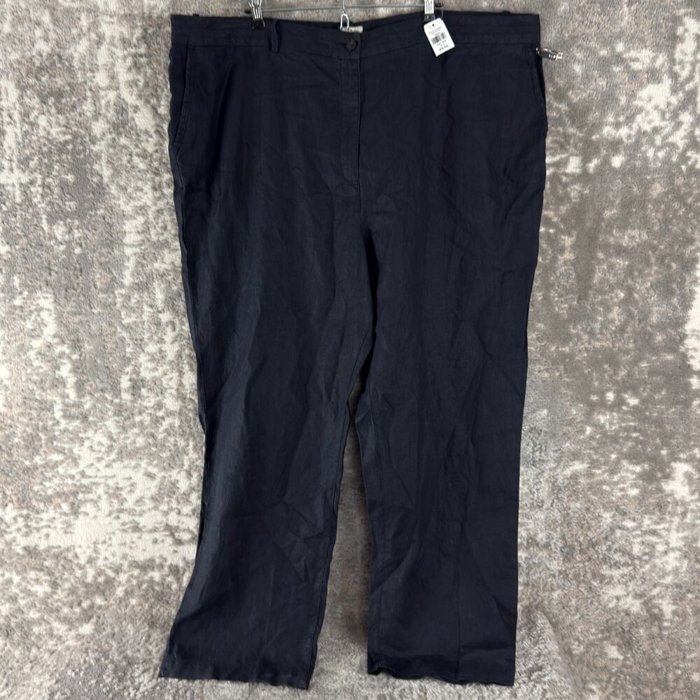 NWT LL Bean Plus Size 26W Linen Classic Fit Straight Leg Pants Black Button NWT
